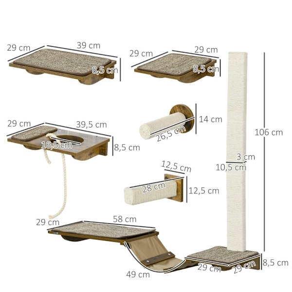 Rootz Cat Wall Hylla Set - Klättervägg - Kattplattformar - Sisal skrapytor - Säkert stöd - 136cm x 29cm x 8,5cm