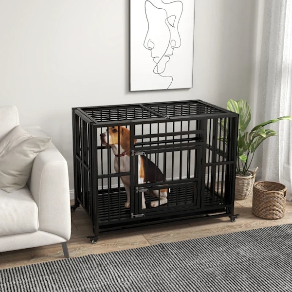 Rootz Dog Crate - Heavy Duty Hundbur - Inklusive basbricka - Lås - Universalhjul - Avtagbar bricka - Svart - 94 cm x 58 cm x 78 cm