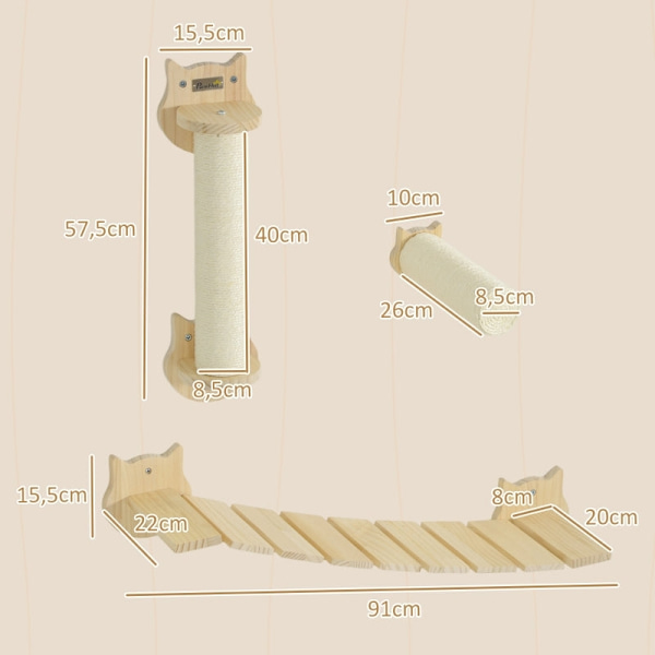 Rootz Väggskrapstolpssats - Kattklättervägg - Möbelskydd - Utrymmesbesparande design - Furu - Skrapstolpe 15,5x12,5x57,5cm, Stege 91x22x15,5cm