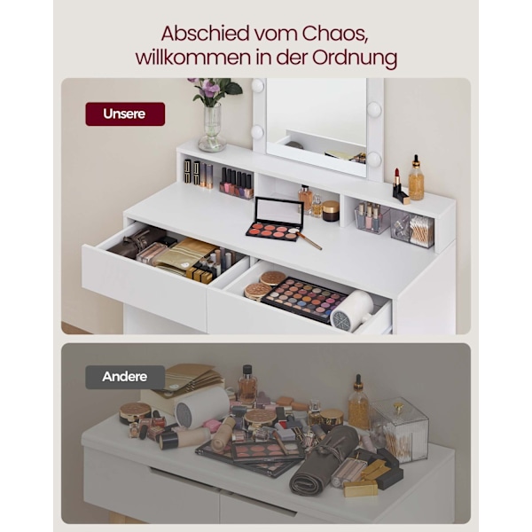 Rootz White spånplade sminkebord - Vanity Desk - Makeup Bord - Rummelig opbevaring - 40 cm x 100 cm x 145 cm
