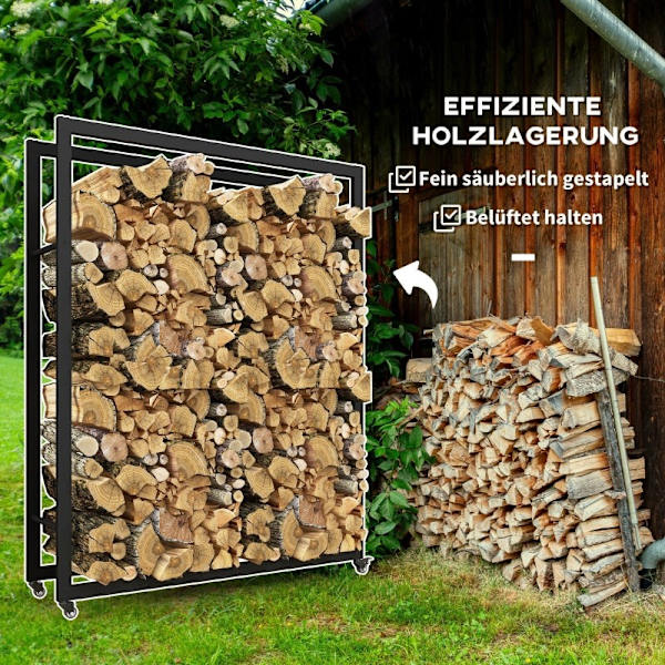 Rootz Brændestativvogn - Træopbevaringsholder - Log Caddy - Metalramme - Mobil - Indendørs Udendørs - 120cm x 32cm x 151cm