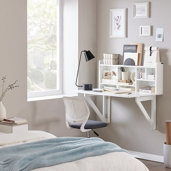 Rootz vægmonteret klapbord - Spisebord - Skab med hylder - Justerbar opbevaring - Pladsbesparende design - Nem montering - Hvid - 90cm x 78cm x 60cm
