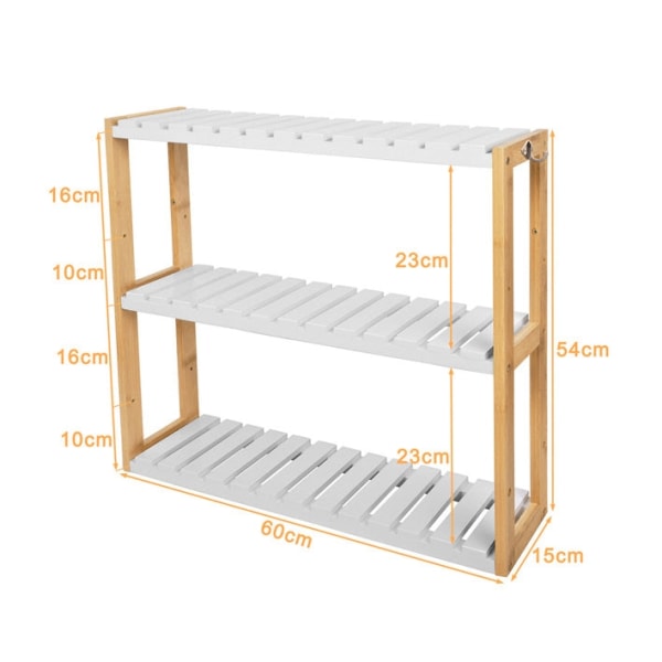 Rootz Bamboo -kylpyhuonehylly - Keittiön hylly - Seinähylly - Säädettävä säilytystila - Optimaalinen tila - Sisältää koukut - 54cm x 60cm x 15cm
