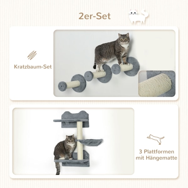 Rootz PawHut 4-delt kat klatretrinsæt - Kattevæghylder - Katteaktivitetscenter - Robust spånplade - Pladsbesparende design - 40 cm x 28 cm x 73 cm
