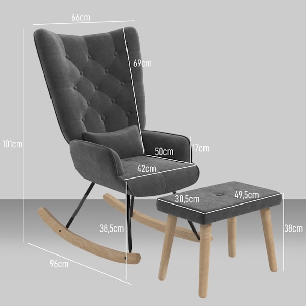 Rootz Lounge Stol och Pall Set - Modern Fåtölj - Klädd vilstol - Sammetsstoppning - Gummiträben - Mörkgrå - 66cm x 96cm x 101cm