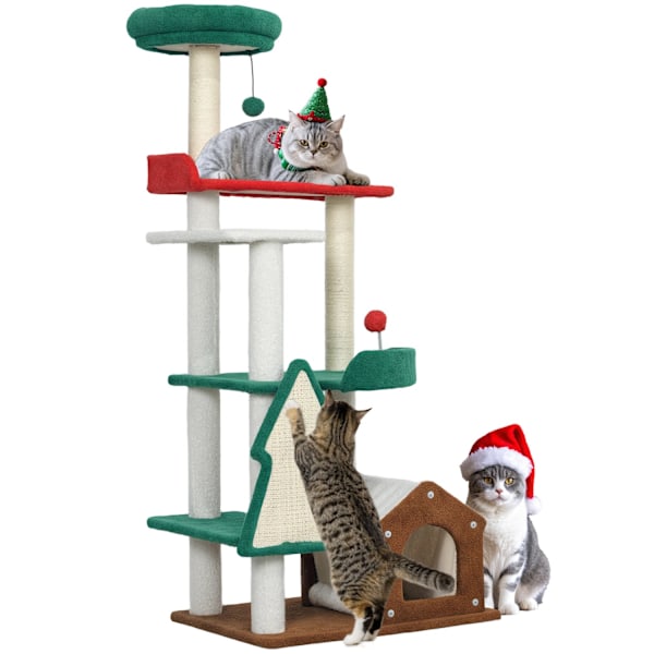 Rootz 135 cm Cat Scratching Post - Christmas Cat Tree - Play Tower - 6 niveauer af sjov - 60L x 45W x 135H cm