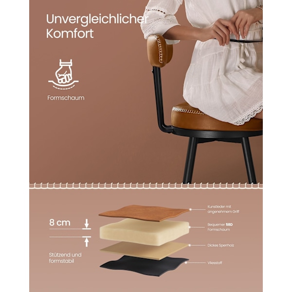 Rootz Set med 2 karamellbruna barstolar - Hög pall - Kökspall - PU-läder - 54cm x 54cm x 91cm (D x B x H)