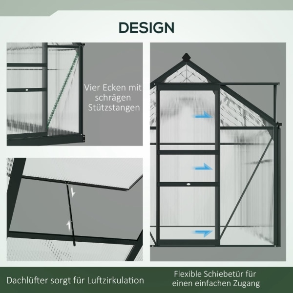 Rootz Greenhouse Cold Frame - Walk-In Greenhouse - Väderbeständig - Rostbeständig aluminium - Optimal ventilation - 190cm x 132cm x 201cm - Grå