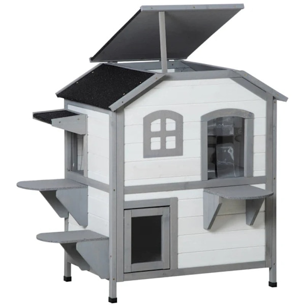 Rootz Cat House - 2-vånings - Väderbeständig - Väderbeständig - Skjutfönster - Massiv träram - Vit + Grå - 123L x 63W x 112H cm