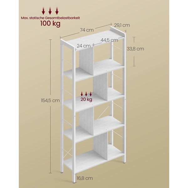 Rootz Bogreol - Opbevaringshylde - Spånplade - Stålramme - 30 cm x 74 cm x 154,5 cm - Maple White-Cloud White - 20 kg Vægt - Organiser dit rum