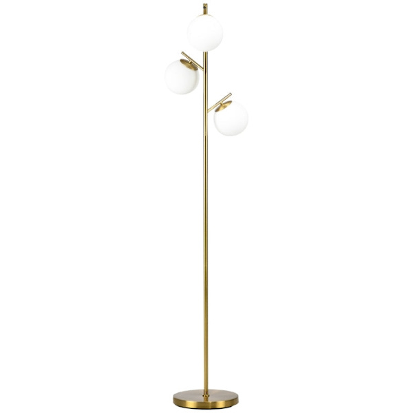 Rootz golvlampa - Retrodesign - Stabil metallfot - Slät stav - Lång strömkabel - 3 lampskärmar - Lämplig för LED - Järn+Glas - Guld+Vit - Ø27 x 169H c