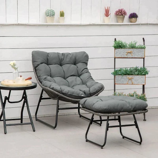 Rootz Rattan Relax Stol med fotpall - Trädgårdsstol - Utomhusstol med rotting med dyna - Stål - Polyester - Grå - 69 x 76 x 70 cm