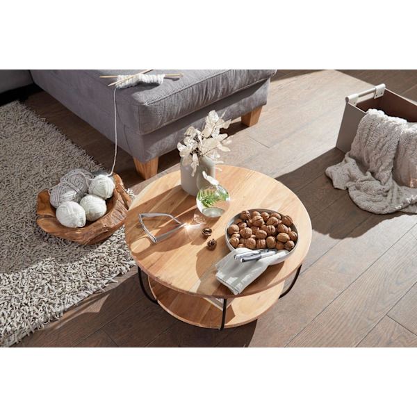 Rootz sofabord 60x34,5x60 cm akacie massivt træ - metal sofabord - Design stuebord rundt - Loungebord Industriel Brun - Bord med hylde
