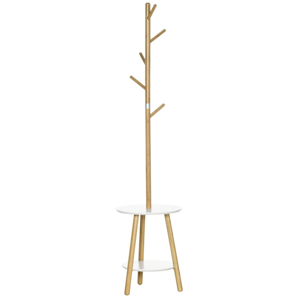 Rootz klädhängare - Klädställ med sidobord - Scandi Design - 5 klädkrokar - Natur + Vit - 39,5 cm x 39,5 cm x 171 cm