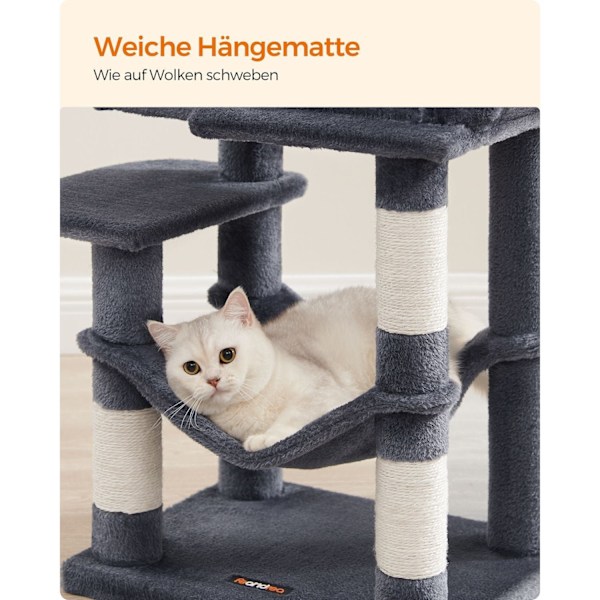 Rootz Cat Scratching Post - Kitty Tower - Cat Tree - Chipboard Plysch - Sisal - 45cm x 35cm x 112cm - Smoke Grey - Idealisk för 4 katter - 40 kg Kapac