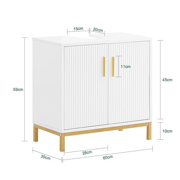Rootz Sink Unit Cabinet - Badeværelsesskab - Opbevaringsskab - Justerbar hylde - 60x59x30cm - Klassisk hvid med gyldne metalhåndtag - Moderne design