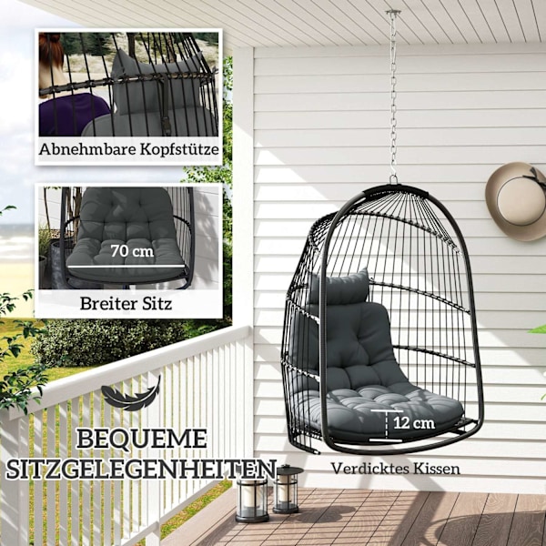 Rootz hængende stol hængende kurv - svingstol - ægstol - ergonomisk komfort - 74L x 68W x 105H cm - grå og sort