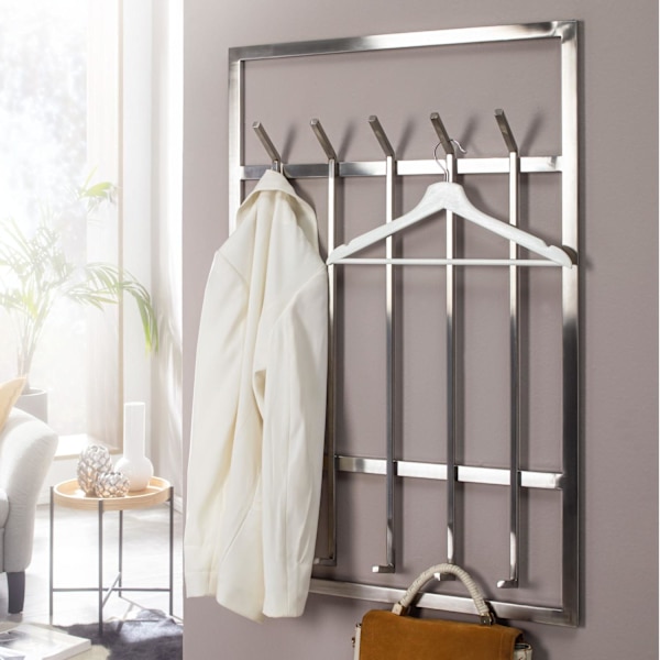 Rootz seinävaateteline metalli hopea 60x100x7,5 cm design eteisen naulakko teräs - Seinäpaneelin koukkukisko - Vaatekaapin seinä - Vaateteline eteinen