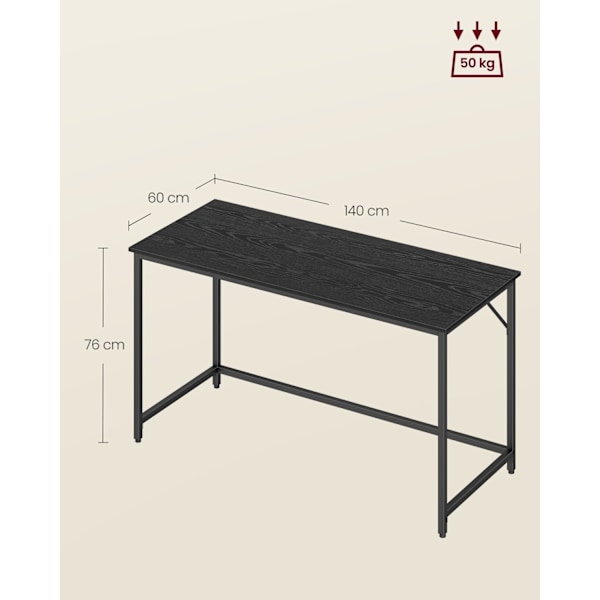Rootz stort skrivbord - Arbetsstation - Studiebord - Spånskiva stål - 60 cm x 140 cm x 76 cm - Ebenholtssvart - Bläcksvart - 14,2 kg - 50 kg Kapacitet