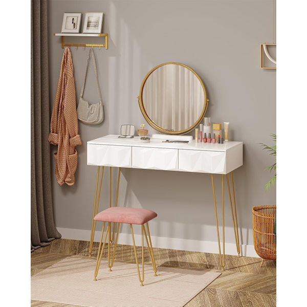 Rootz Elegant sminkebordssæt - Sminkebord - Makeup skrivebord - Stabilt og holdbart - Effektiv opbevaring - Luksuriøs komfort - 100 cm x 79 cm x 40 cm