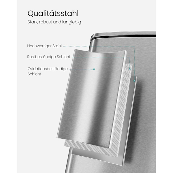 Rootz stålsoptunna - soptunna - Papperskorg - 20 liters kapacitet - 34 cm x 28,5 cm x 40,4 cm - Metalliskt silver - 2,5 kg - PP-plast