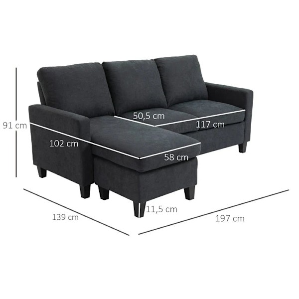 Rootz Hörnsoffa - Soffset - Med vändbar schäslong - Polyester - Skum - Vardagsrum - College - Hemmakontor - Mörkgrå - 197 x 139 x 91 cm