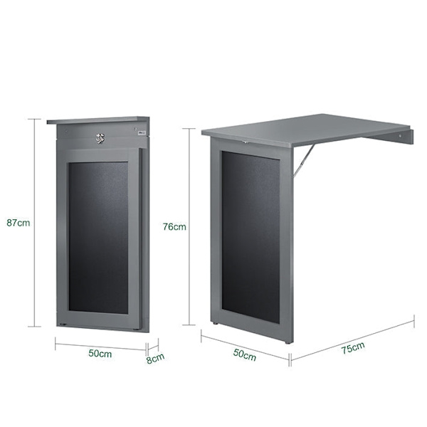 Rootz vægmonteret foldebord med tavle - Skrivebord - Spisebord - Pladsbesparende design - Kreativ Memoboard-overflade - Nem montering - Lysegrå - 50 c
