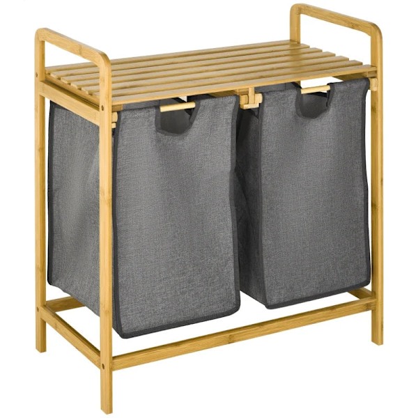Rootz Bamboo Vasketøjskurv - Vasketøjskurv med hylde - Udtræksposer til soveværelse - Badeværelse - Vaskerum - Grå - 64 x 33 x 73 cm