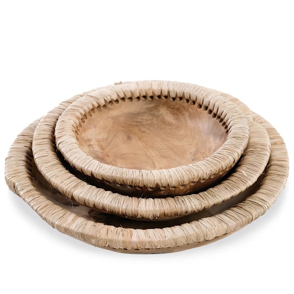 Rootz Teak Skål - Økologisk Skål - Raffia Fad - Luksuriøst service - 30 cm Diameter