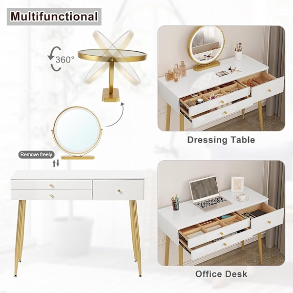 Rootz justerbart sminkbordsset - Sminkbord med pall - Sminkbord med LED-spegel - Ergonomisk komfort - Gott om förvaring - Robust design - 100 cm x 122