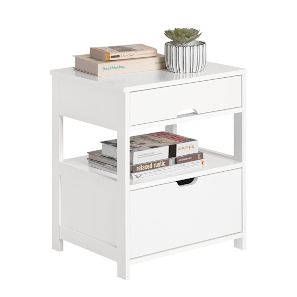 Rootz Sengebord - Natbord - Sidebord - Hvid MDF - Stor opbevaring med 2 hylder og 2 skuffer - Ridsefaste gulvbeskyttere - Alsidigt design - 45cm x 55c
