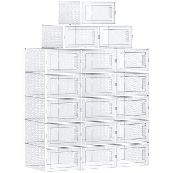 Rootz skokartonger - 18 förvaringslådor - Vikbar och stapelbar - Storlek 44 - Transparent Vit - 31 x 24,5 x 17,5 cm