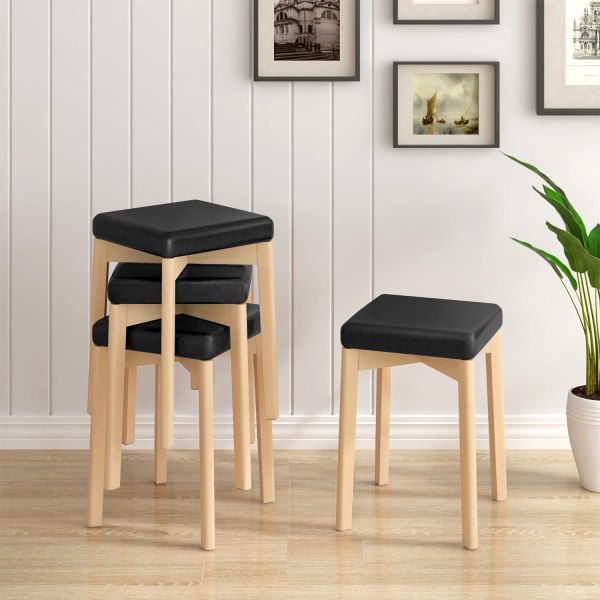Rootz Matstol - Kökspall - Bokträsits - PU-klädd stol - Staplingsits - Träpall - Träkorn + Svart - 32,5x47x32,5 cm