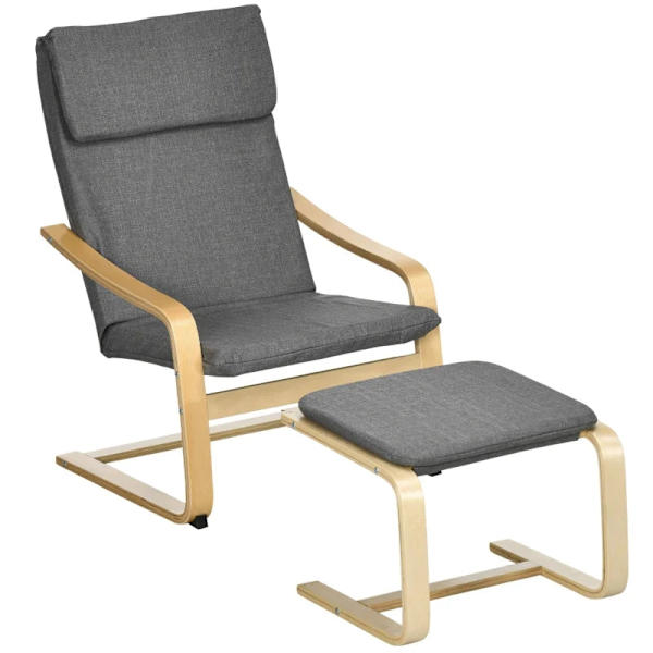 Rootz Lænestol med fodskammel - Lænestolssæt - Afslapningsstol - Linnedlook - Massivt træ - Grå + Natur - 66,5W x 80D x 99H cm