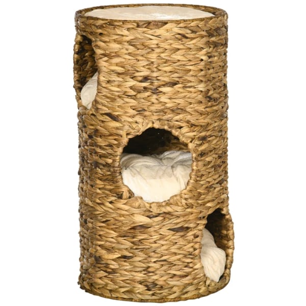 Rootz Cat Cave - 3 Tier 3 Entré - Boho Design med kudde - Ljusbrun + Krämvit - 40cm x 40cm x 73cm