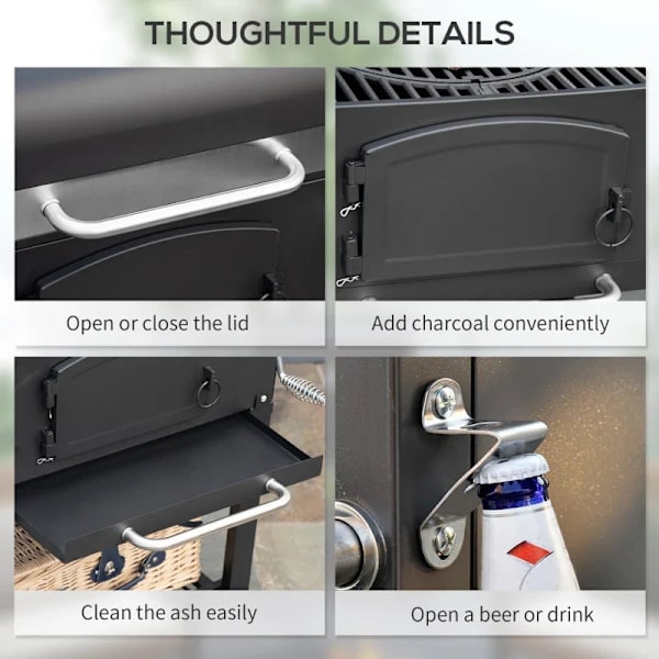 Rootz Kulgrill - BBQ Ryger - Justerbart kulrum - Sidehylder - Varmestativ - Emaljeret støbejern - Sort - 124L x 66W x 112H cm