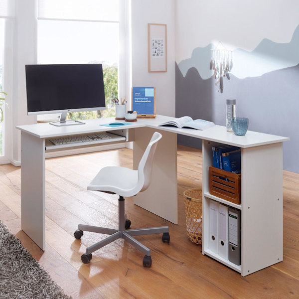 Rootz design pöytä 140 x 75,5 x 120 cm valkoinen - Työpöytä hyllyllä työhuone kotitoimisto pöytä toimisto moderni