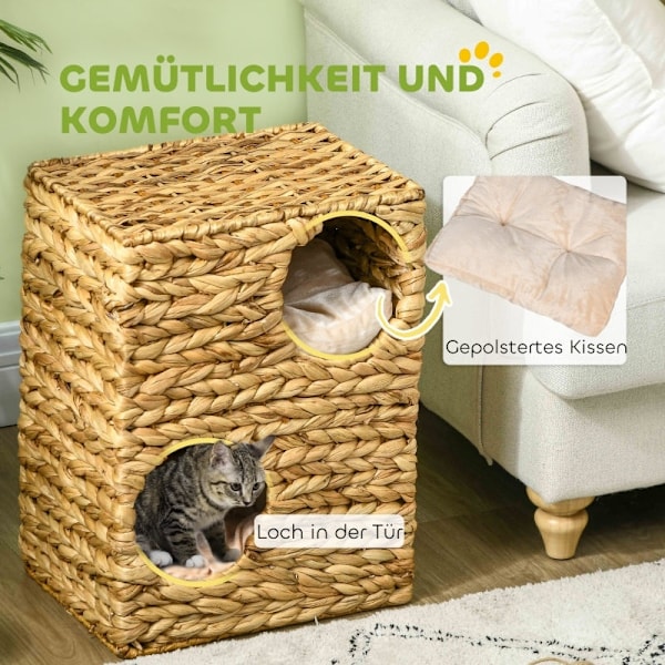 Rootz Cat Tower - Skrapstolpe - Trevånings kattlägenhet - Tvättbara kuddar - Naturligt vattenhyacint - 40 cm x 31 cm x 55 cm