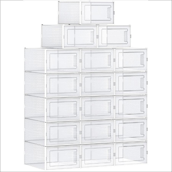 Rootz skokartonger - 18 förvaringslådor - Vikbar och stapelbar - Storlek 44 - Transparent Vit - 31 x 24,5 x 17,5 cm