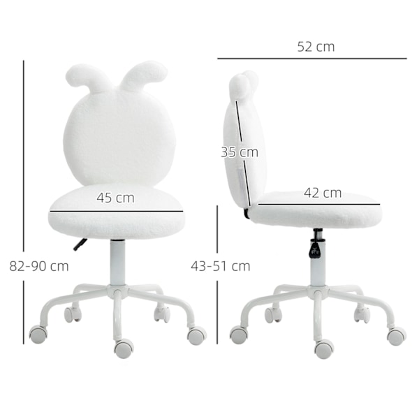 Rootz polstret stol med kaninører - rulle skrivebordstol - roterbar kontorstol - syntetisk pels - 45 cm x 52 cm x 82-90 cm