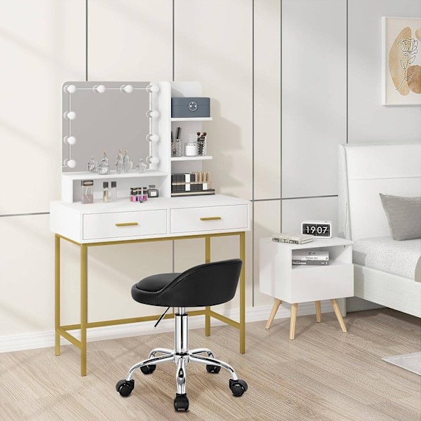 Rootz Makeup Pall - Rullande pall - Justerbar höjd - Ergonomiskt ryggstöd - 30cm x 30cm x 53-65,5cm