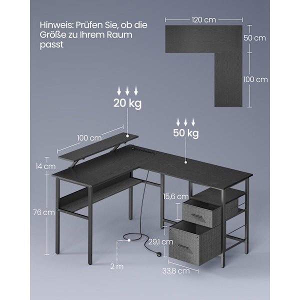Rootz L-formet skrivebord - Arbejdsstation - Hjørneskrivebord - Ebony Black - Indbyggede stikkontakter - 120 cm x 140 cm x 75 cm