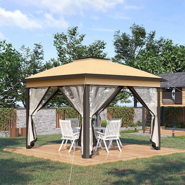 Rootz Folding Gazebo - Garden Gazebo - Metal Pavilion - Mesh Gardiner - Dräneringssystem - 330L X 330W X 288H CM - Brunt