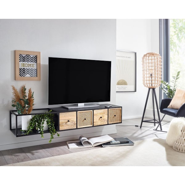 Rootz-alusta riippuva mango massiivipuu - metalli 150x25x35 cm TV-kaappi musta - Design-TV-taso moderni - TV-kaapin seinä - TV-kaappi TV-kaappi ripust