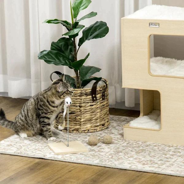 Rootz Cat House - Kissan luola - Kissan säiliö - 2-kerroksinen kissan luola - Sisältää lelun - Luonnon/vaaleanharmaa - 34cm x 34cm x 60cm