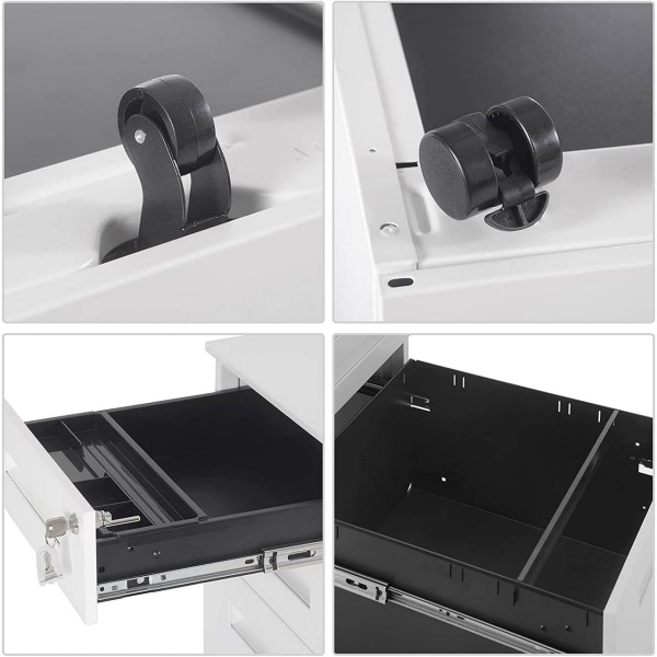 Rootz Roll Container Kontorsskåp - Förvaringsenhet - Arkivskåp - Förmonterat - Säker låsning - Förbättrad rörlighet - Metall, Vit - 45cm x 60cm x 39cm