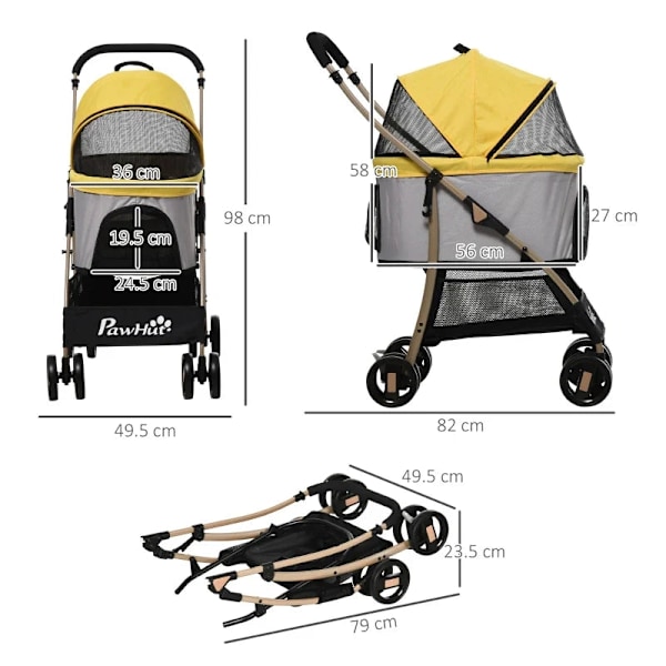 Rootz 2-in-1 Dog Buggy - Taitettava koiravaunu - 1 kori - 1 laukku - Koiran rattaat - Yleispyörän jarru - Katos - Keltainen - 82 cm x 49,5 cm x 98 cm