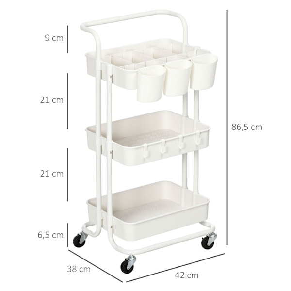 Rootz Trolley - Förvaringsvagn - Rolling Organizer - Mångsidig förvaring - Anpassningsbara fack - Lätt rörlighet - 42cm x 38cm x 86,5cm - Stål & ABS