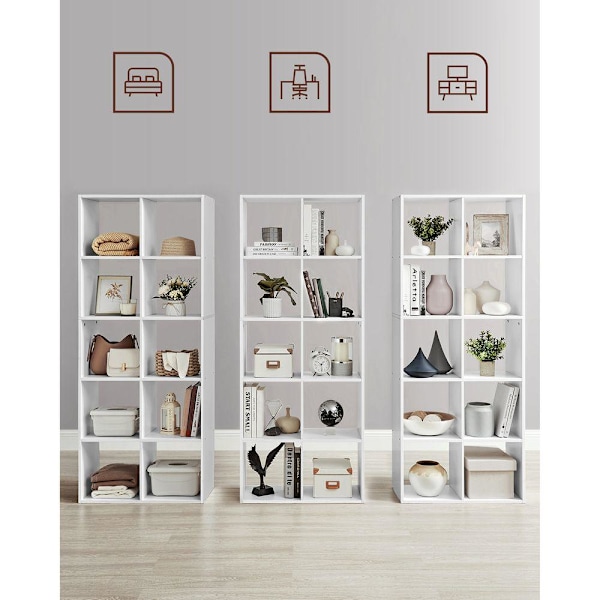 Rootz Reol - Reol med 10 rum - Bogreol - Åben reol - Display reol - Hjemmekontor reol - Spånplade - Hvid - 30 x 65,5 x 161,5 cm (D x B x H)