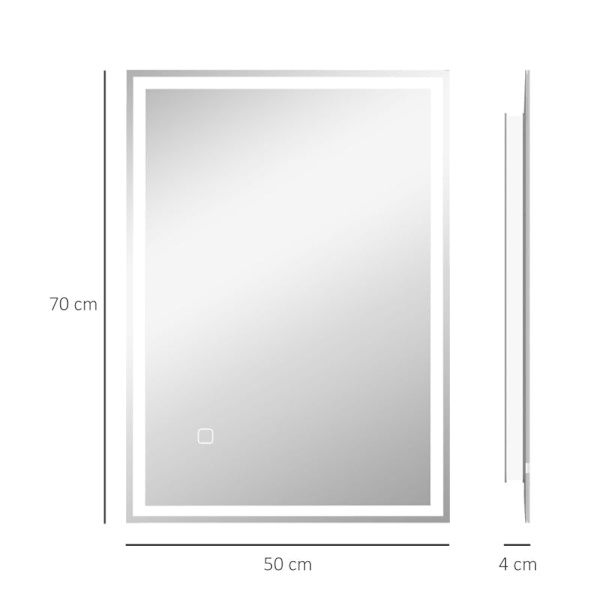 Rootz Badeværelsesspejl - LED Badeværelsesspejl - Vægspejl - LED'er. Touch Switch - Glas - Aluminium - Hvid - 50cm x 70cm x 4cm